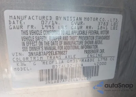 2014 Nissan Sentra Fe+ S/Fe+ Sv/S/Sl/Sr/Sv z USA, uszkodzony, nr VIN 3N1AB7AP2EL676627